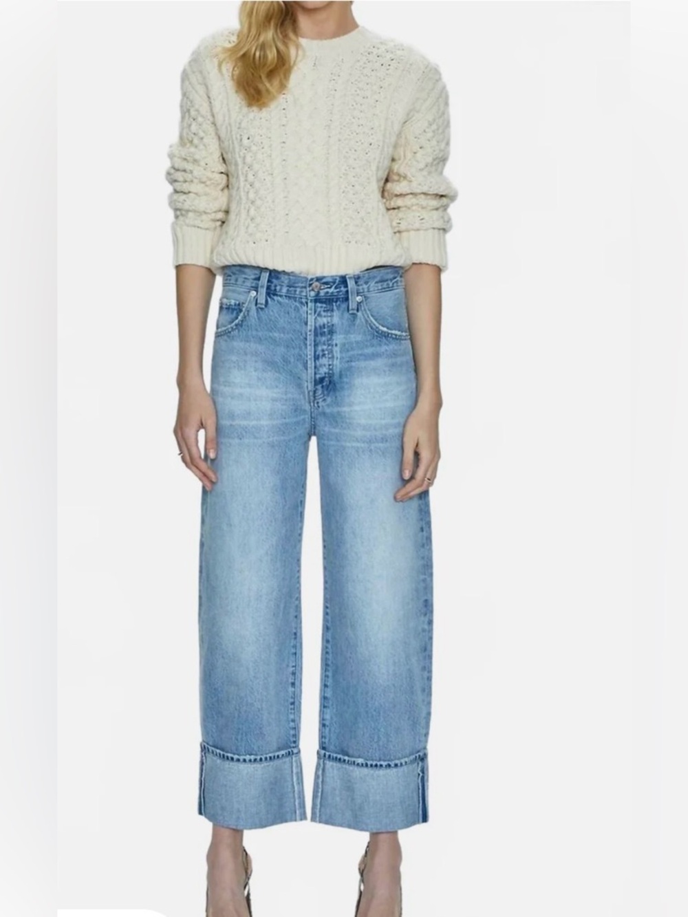 Pistola Essex Jeans P00016017RL High Rise Wide Leg Light Wash Cuffed Size 28